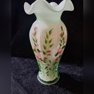 Vintage Fenton Opaline Green Cased Glass Vase with a Ruffled top and Hand Paint
